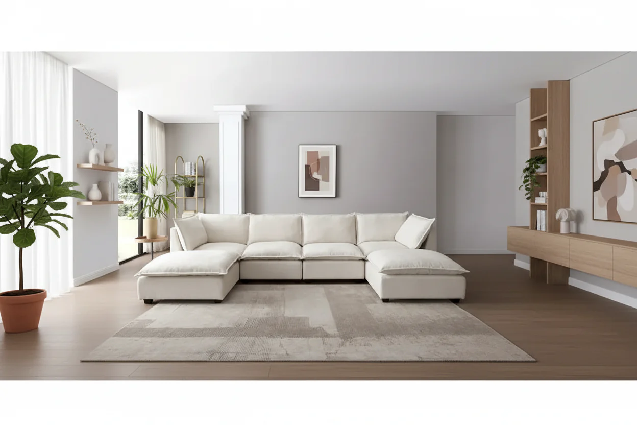 Beige U-Shaped 6-Seat Modular Sectional Sofa with Convertible Ottoman