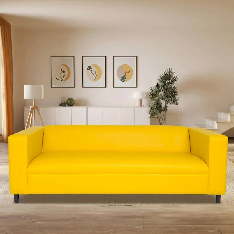 Mid-Century Modern 3-Seater Sofa, Faux Leather with Solid Wood Frame