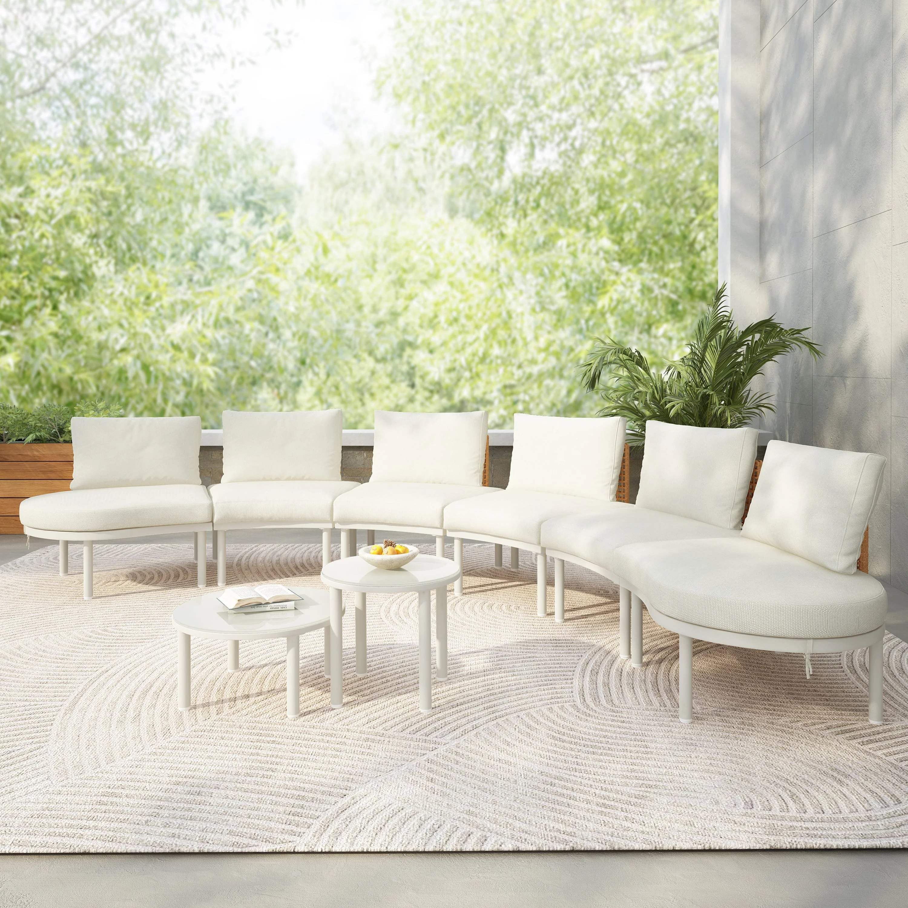 Walker Edison | Minimalist Half Moon Outdoor 8-Piece Modular Sofa Set with Nesting Tables