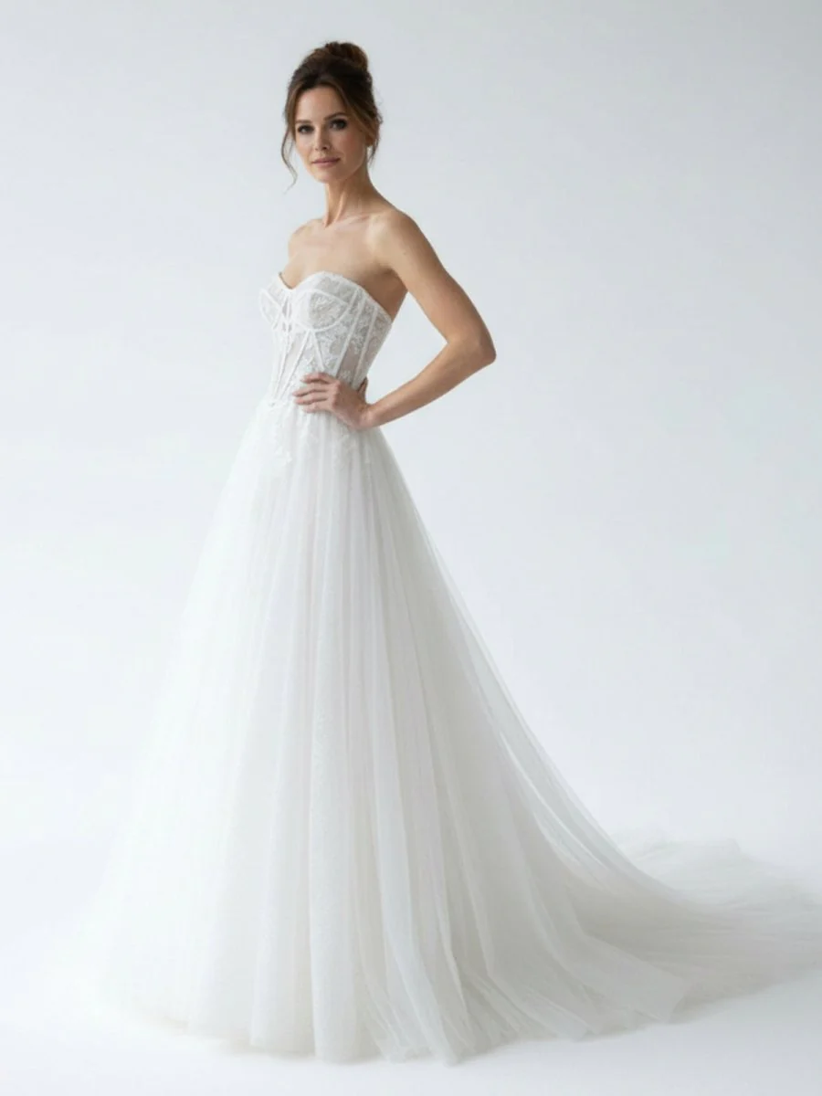 Charming A-Line Strapless Tulle Lace Wedding Dresses