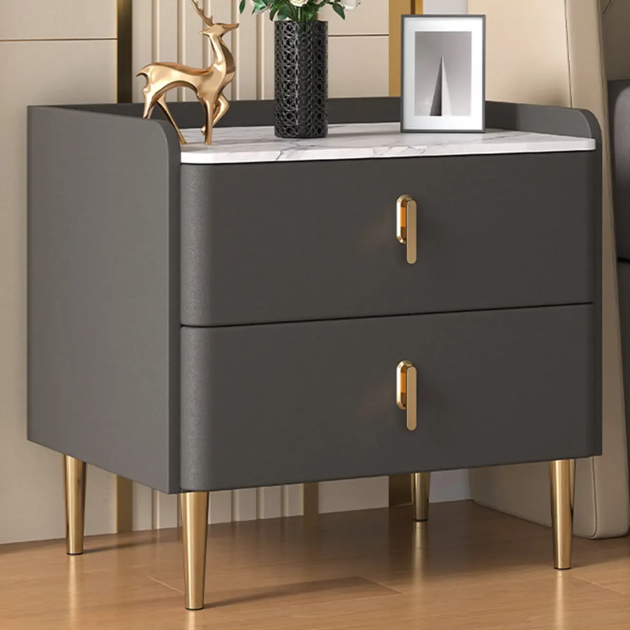 Modern Stone Top Leather Drawers Nightstand with Golden Legs