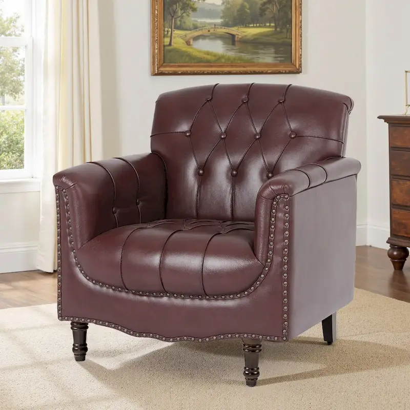PU Leather Tufted Accent Chair with Nailhead Trim Armchair