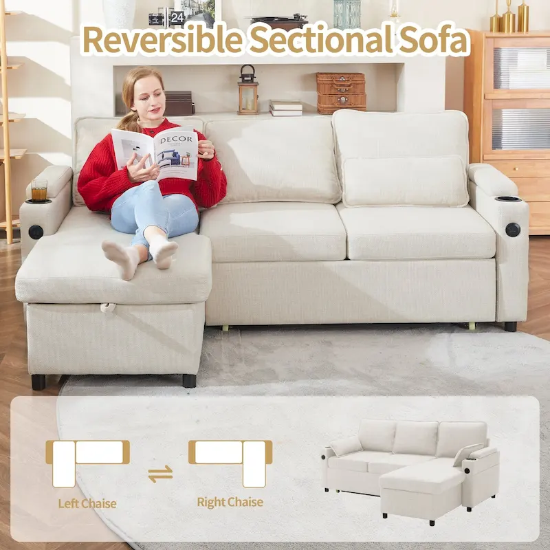 80 L-Shaped Sofa Couch Bed, Sofa Sleeper with Pull Out Bed, Reversible Sleeper Sofa Bed