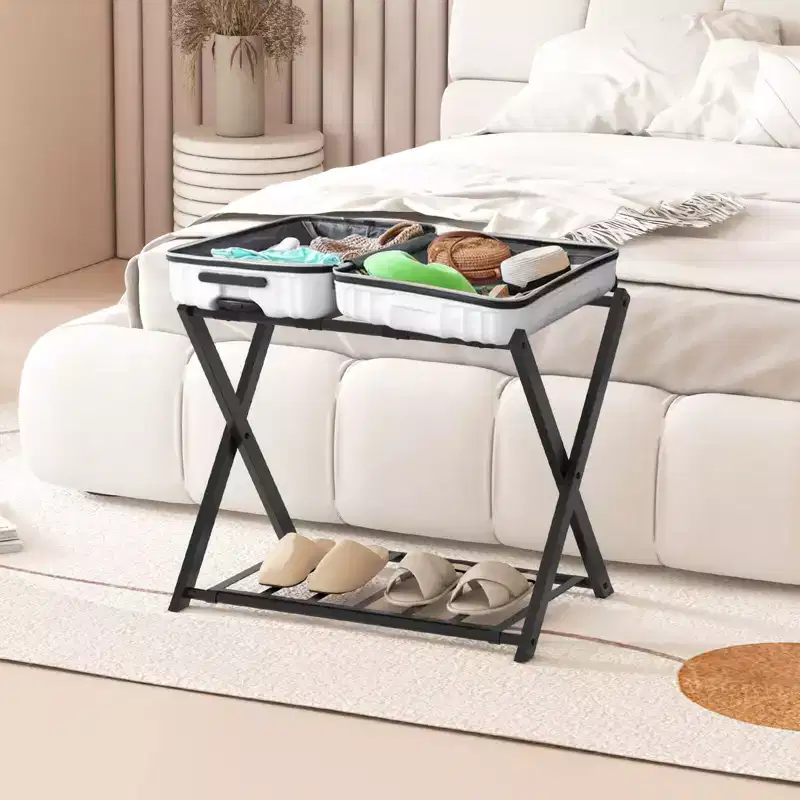 Costway Set of 2 Folding Metal Luggage Rack Suitcase Shoe Holder Hotel Guestroom w/Shelf