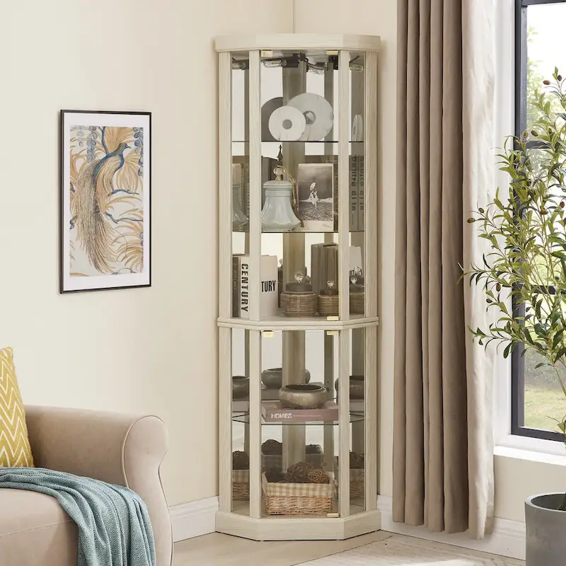 Cherry / Oak / White Lighted Corner Curio Cabinet with Glass Doors & Adjustable Shelves - Single Use