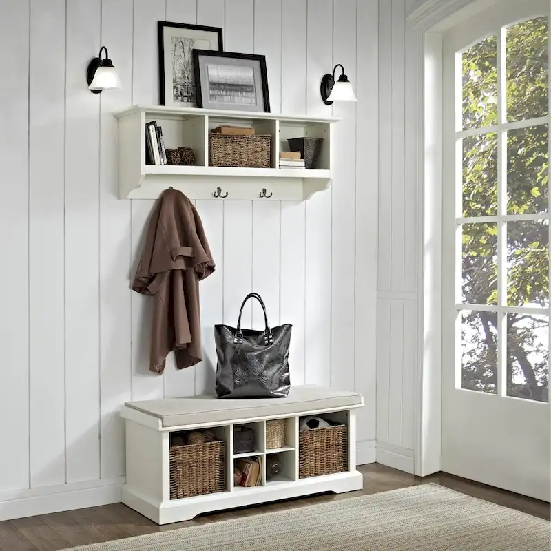 Crosley Brennan White Wood 2-piece Entryway Bench and Shelf Set - 41.5W x 18.25H x 15D
