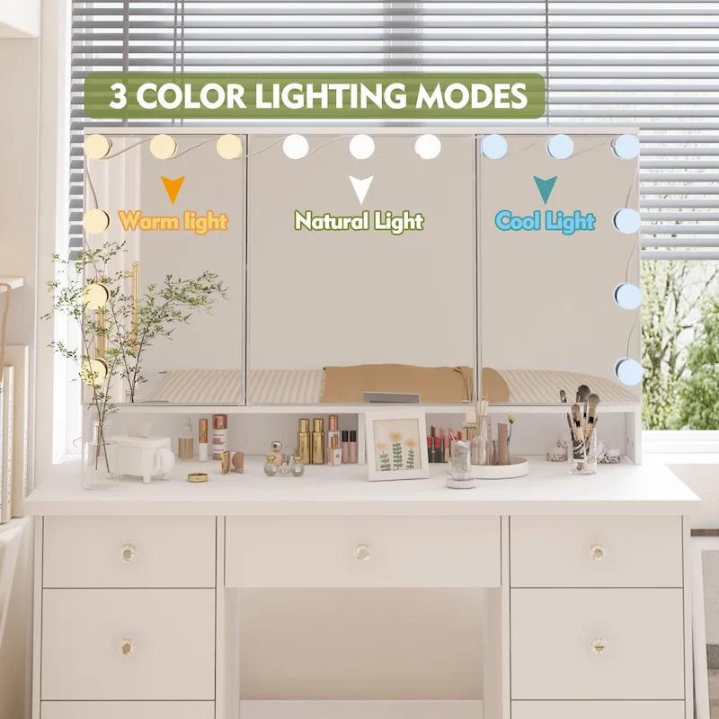 Luxurious LED Makeup Vanity with 9 Drawers Elegant Makeup Station