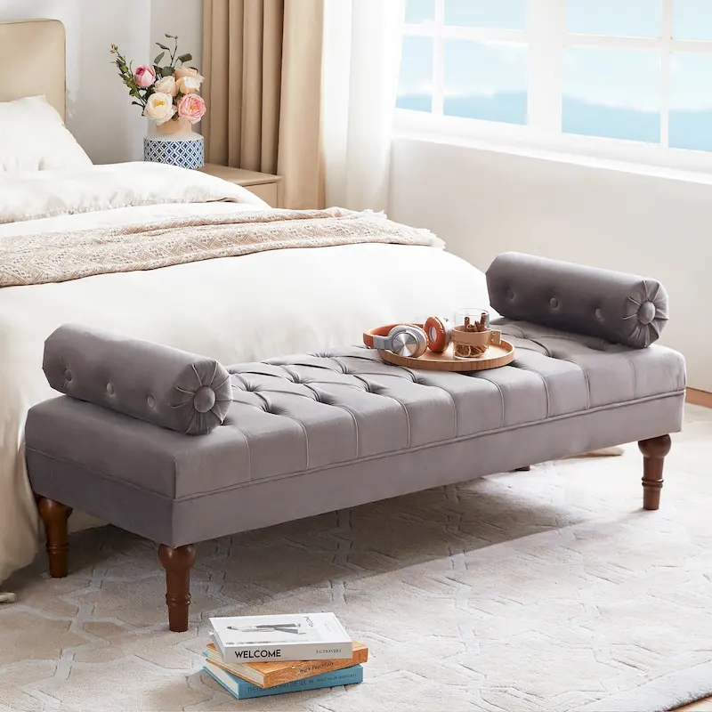 Grey / Beige / Blue / Pink Velvet Button-Tufted Bench, Single Seat