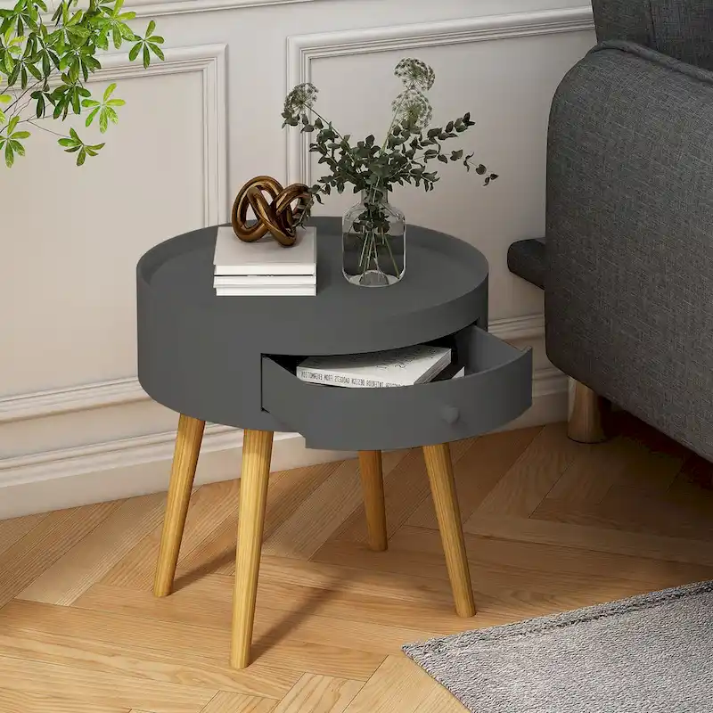 Modern Coffee Table with Drawer, Bedside Table, Sofa Side Table, Oak Table Legs, Suitable for Living Room and Bedroom,Gray