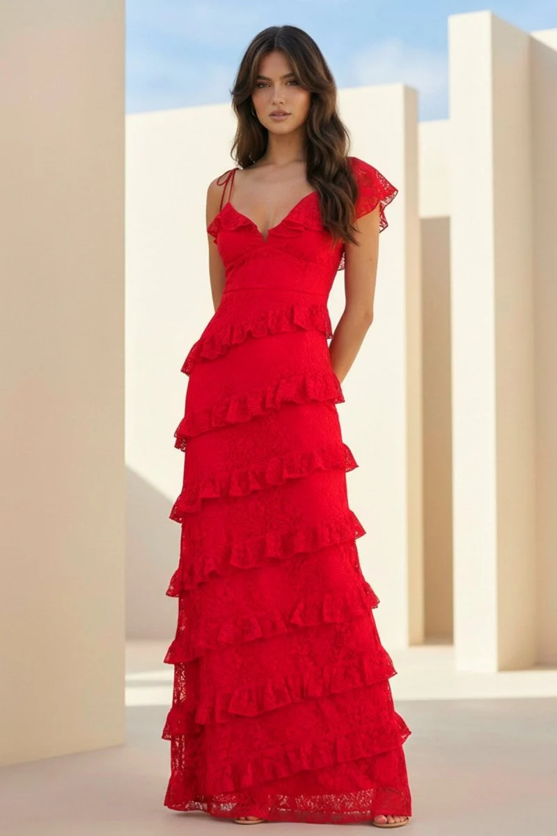 Red Sheath V Neck Lace Long Prom Dresses With Ruffles
