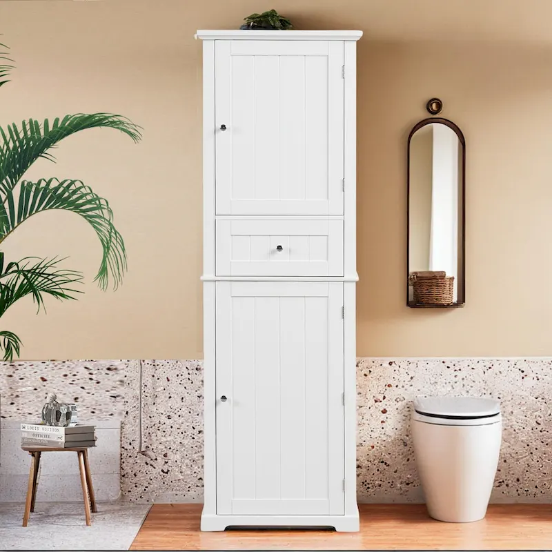 Tall Bathroom Storage Cabinet, Freestanding Storage Cabinet with Drawer and Adjustable Shelf, MDF Board with Painted Finish