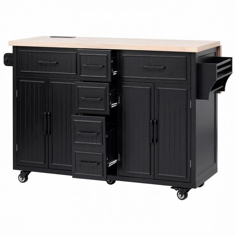 56.5 Kitchen Island with Drop Leaf and Charging Station, Rolling Kitchen Cart on Wheels with Drawers and Adjustable Shelves