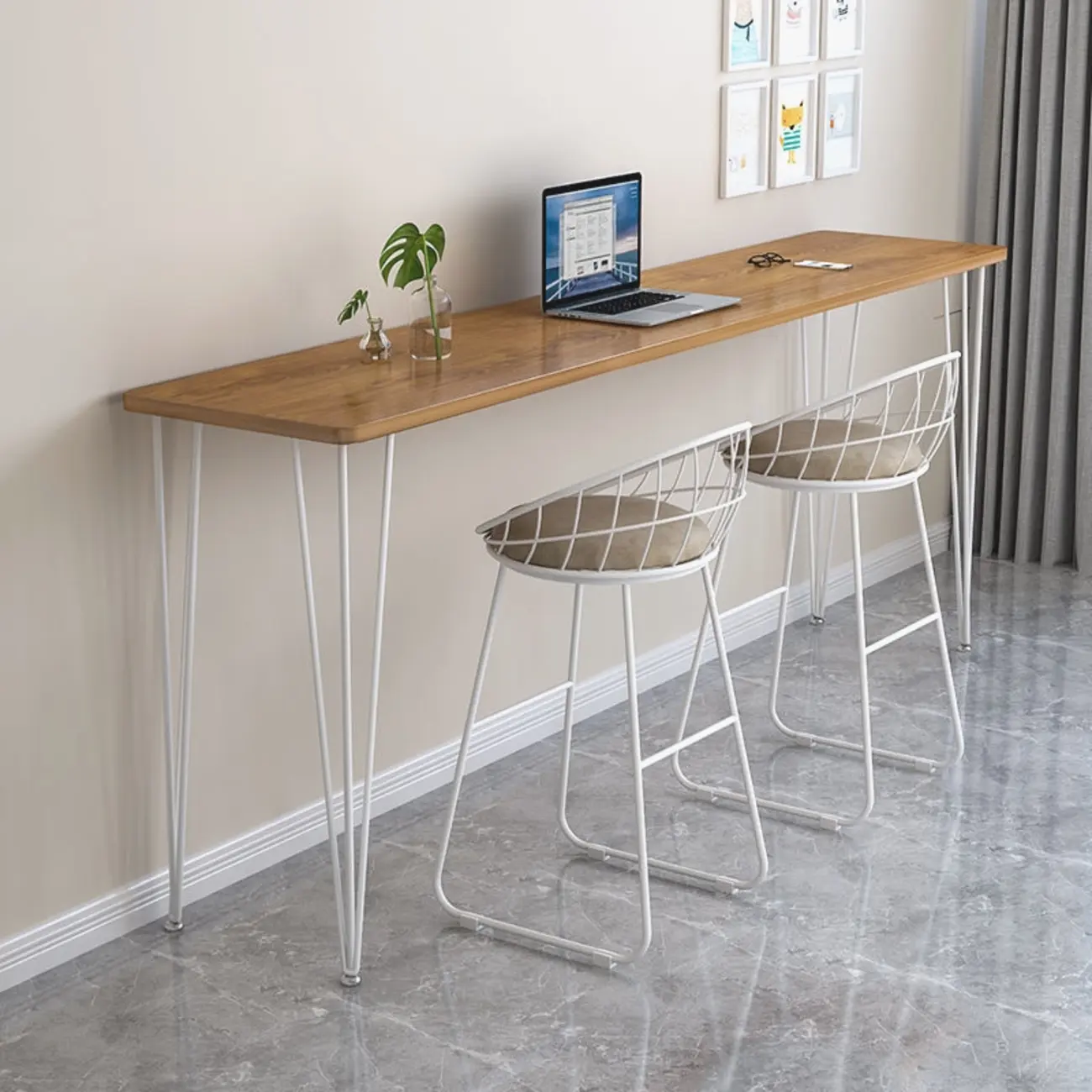 Sleek Modern White Bar Height Table Wood Top Metal Base