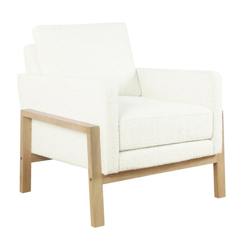Wood Frame Accent Chair - Cream Boucle - Single Seater
