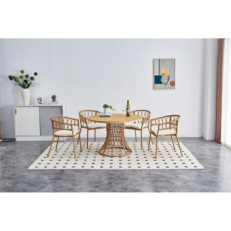 Outdoor dining simple bamboo chair table , PE ratten round table 110CM plastic wood top