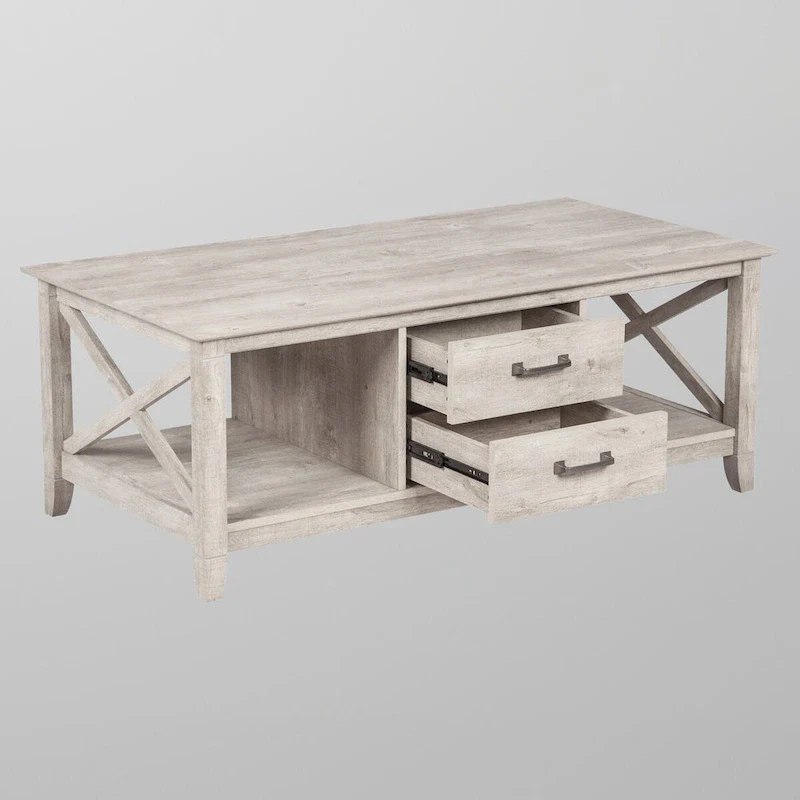 Washed Gray Coffee Table with 2 Drawers - Farmhouse Style