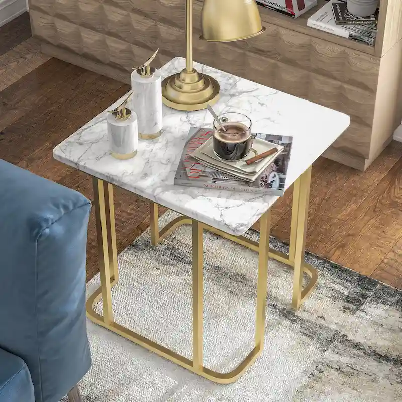 Square Faux Marble Side Table with Metal Base