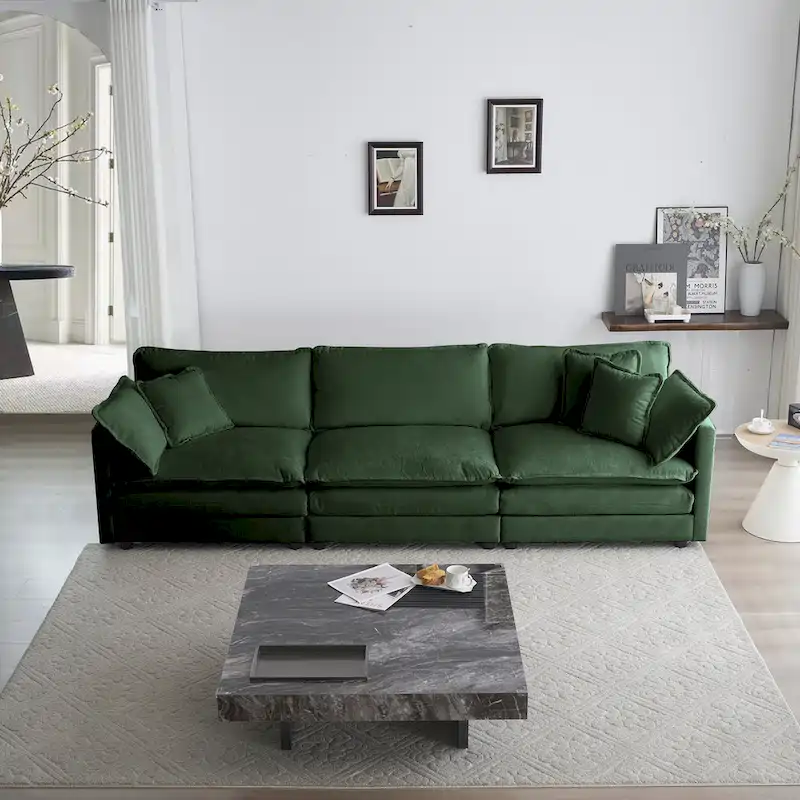 Green 6-Seater U-Shape Sectional Sofa with 3 Ottomans and Pillows