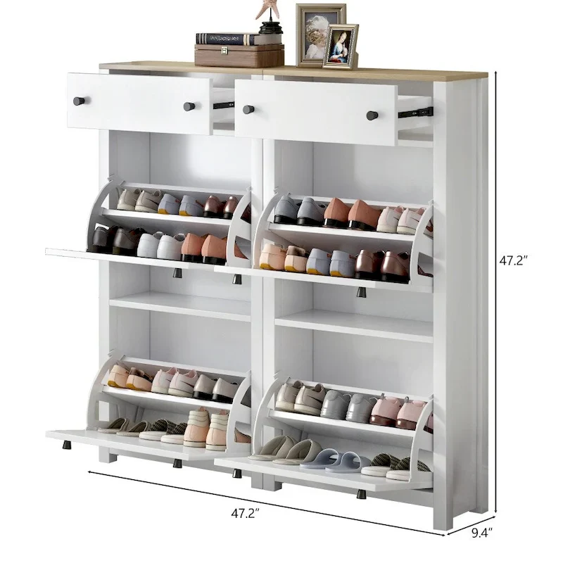 Wood Pattern Top Shoe Cabinet with Flip Drawers and Adjustable Panel