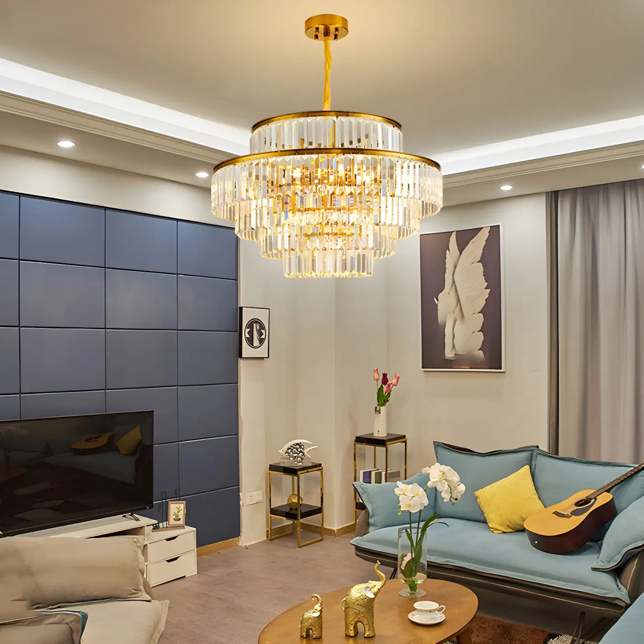 Gold Crystal Cylinder Tier Circle Chandelier