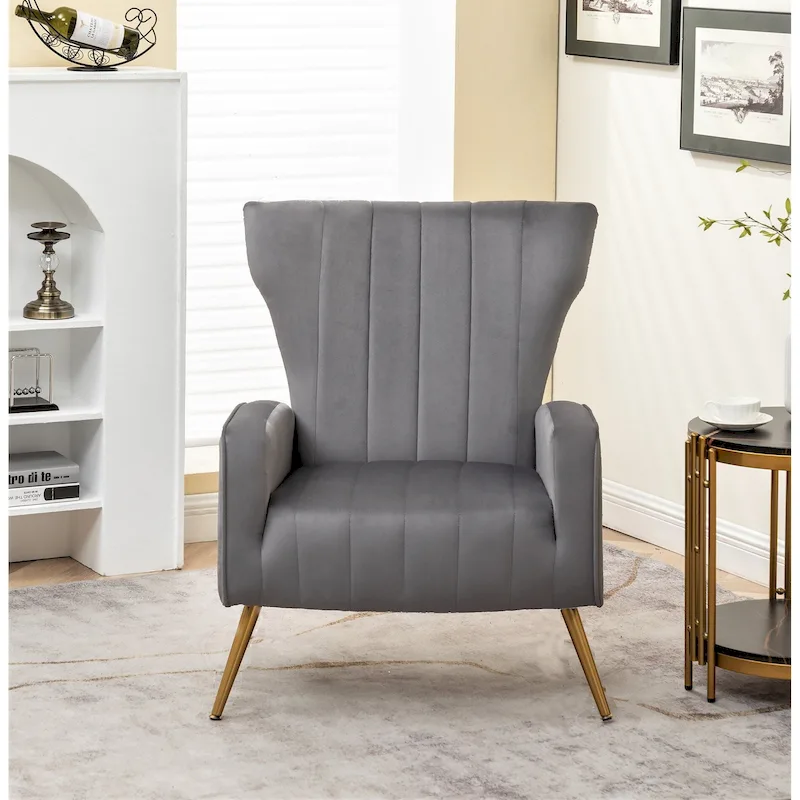 Grey / Beige / Black Velvet Square Arm Accent Chair – Single Seat