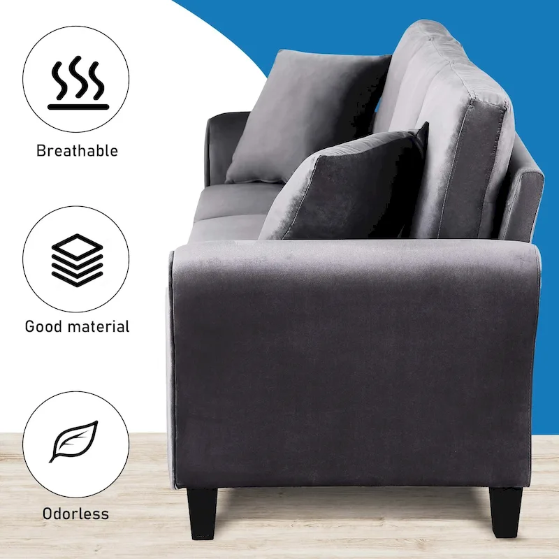 3-Seater Velvet Sofa with 2 Pillows, Black/White/Grey, Wood Frame, 3-Person