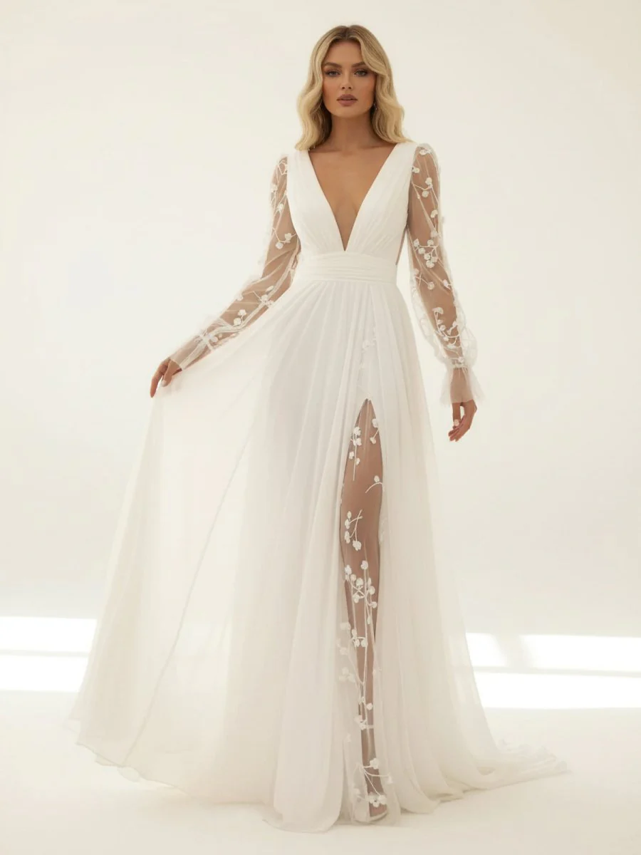 Long Sleeve Boho Flowy Wedding Dress Lace A-Line V-Neck Beach Gown with Split Front and Sweep Train