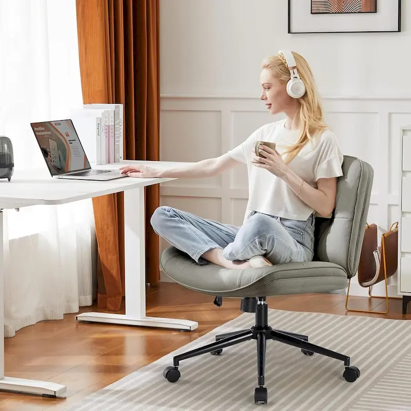 Khaki / Beige / Black PU Leather Armless Desk Chair with Wheels, 360° Swivel, Single Seat