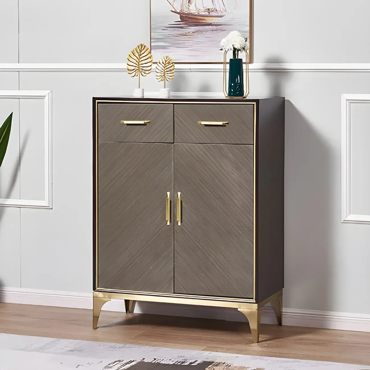 Glam Wooden Sideboard with Drawers & Adjustable Shelves