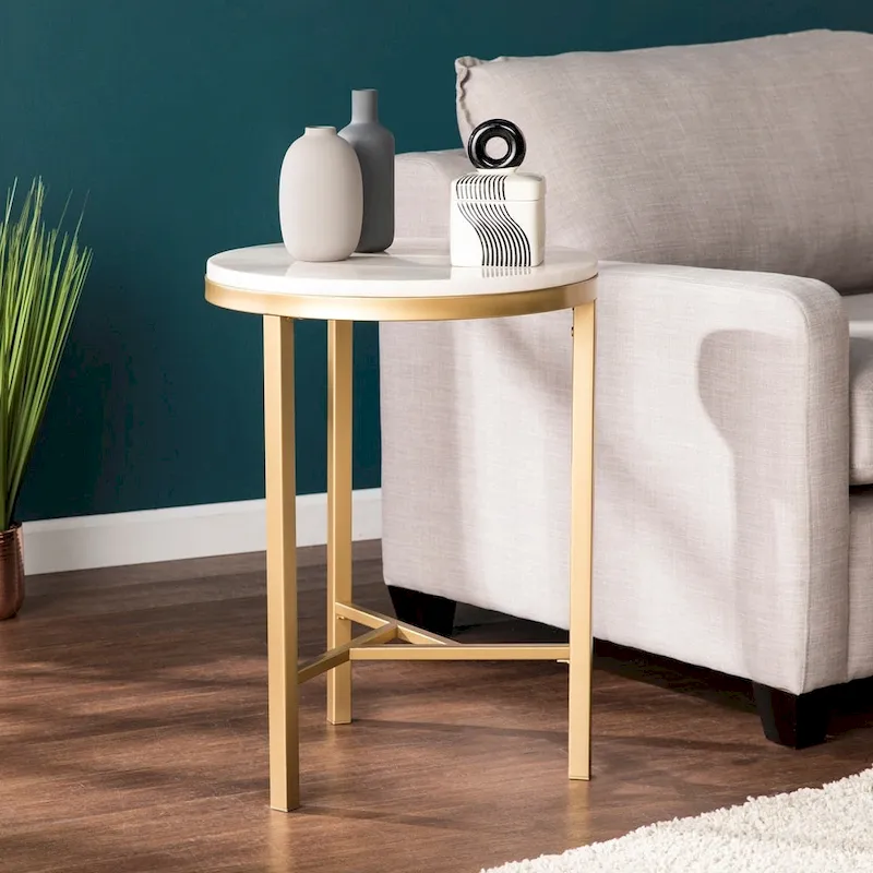 Champagne Round Side Table | Ivory Marble Top | Mid-Century Style | 1 Person