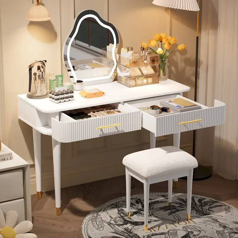 White Single-Person Vanity Table Set with LED Mirror, Cushioned Stool & 2 Drawers