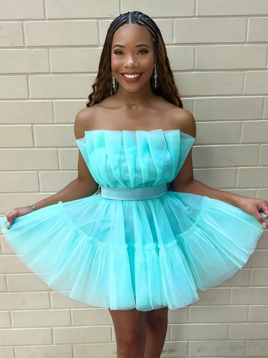 Turquoise - Strapless A-Line Ruffles Tulle Homecoming Dress