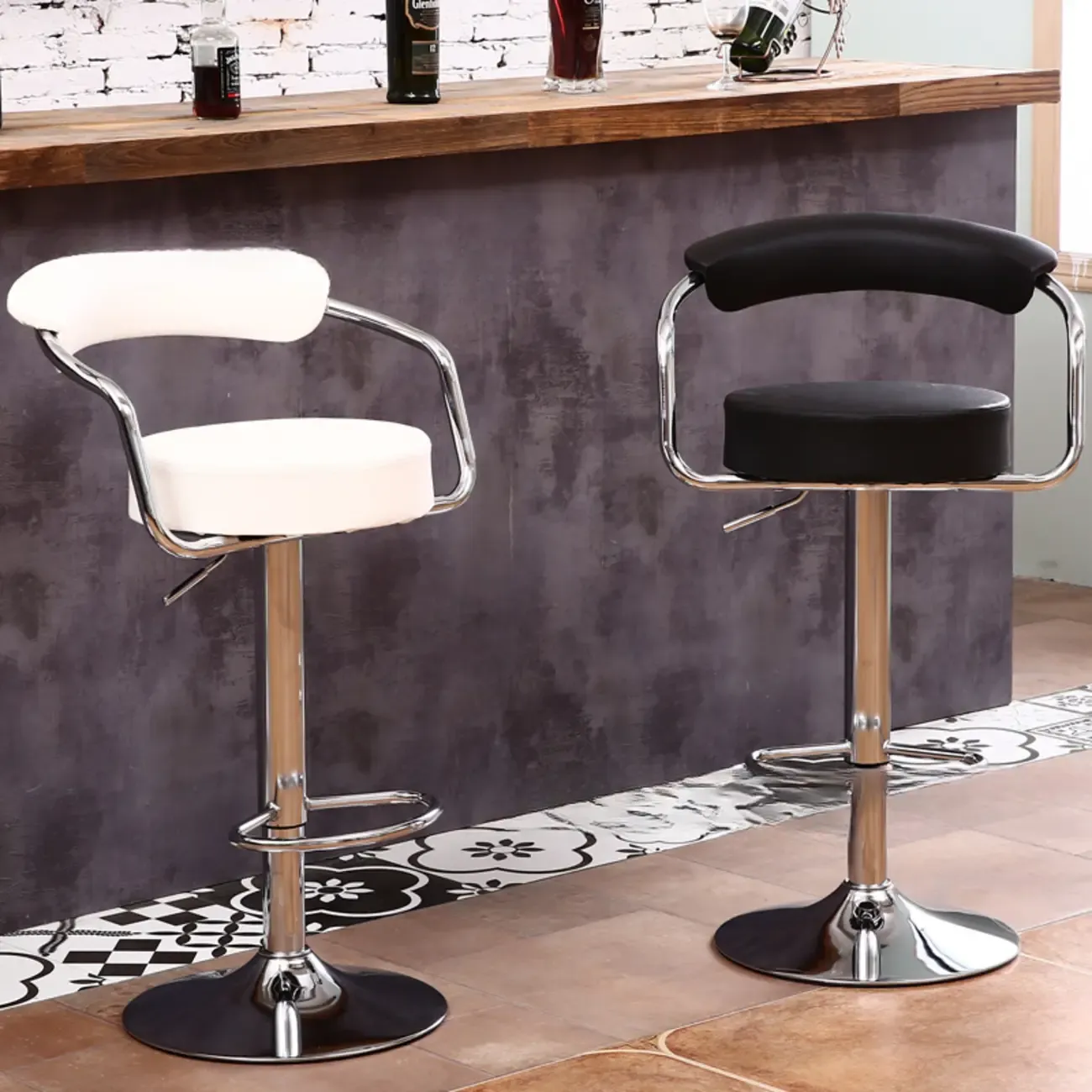 Modern Chrome Leather Ergonomic Adjustable Bar Stool