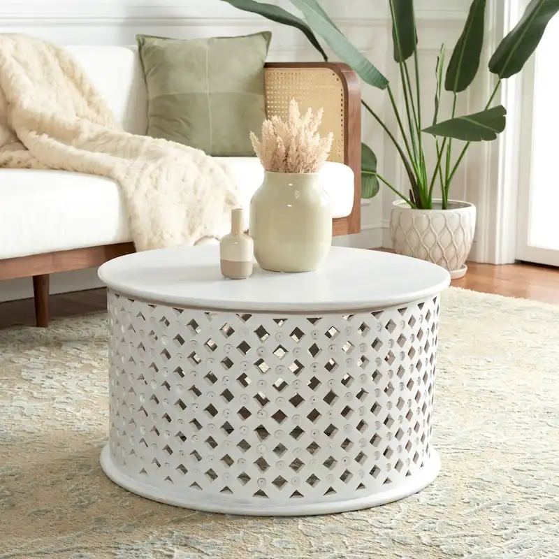 Round Mango Wood Coffee Table with Lattice Base