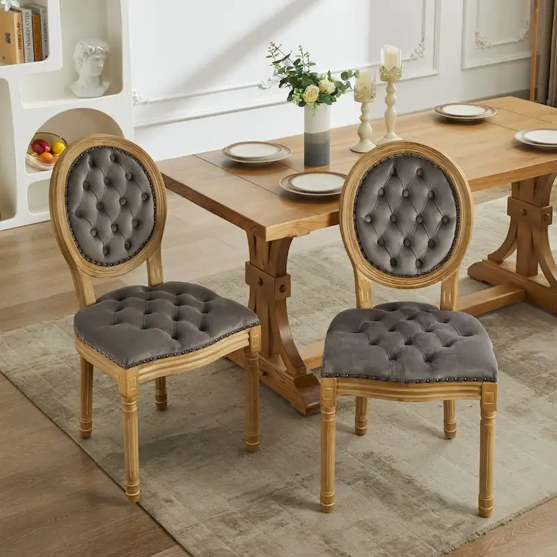 Solid Wood Frame Antique Dining Chair, Hand-Pulled Buckle Decoration Velvet Dining Chair with Nailhead Trim, Set of 2