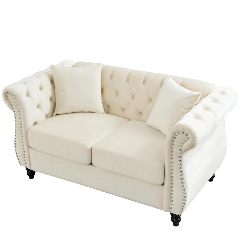 Beige Velvet Chesterfield Loveseat Sofa, Rolled Arms, Nailhead Trim
