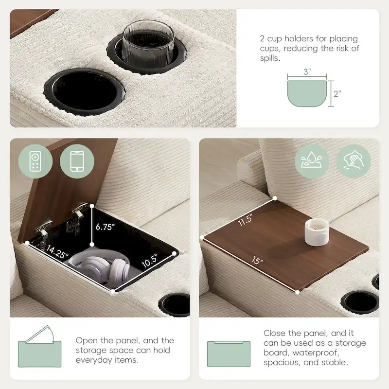 U Shaped Chenille Sofa w/Ottoman,Console,Cup Holder,Wide Seat,USB