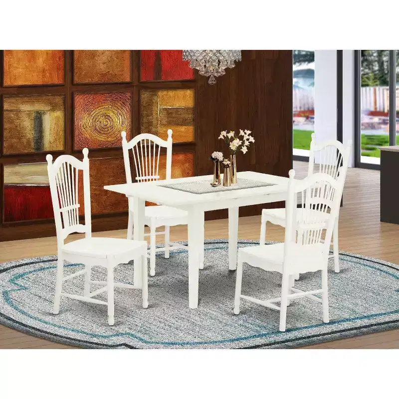 HomeStock 5-Pc Linen White Finish Solid Wood Top - Rectangular Dining Room Set with Butterfly Leaf - Seats 4