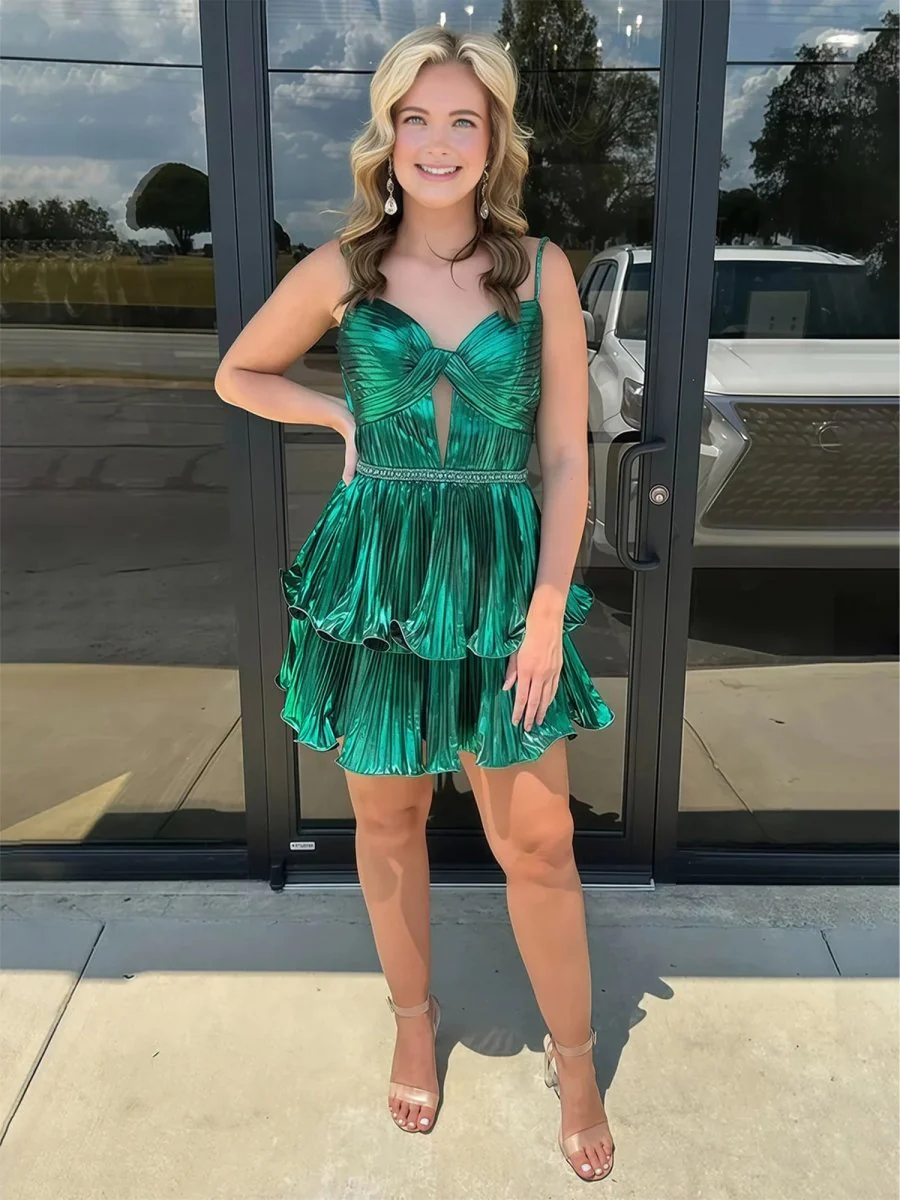 Green - A Line Metallic Tiered Ruffles Cut Out Short Homecoming Dresses