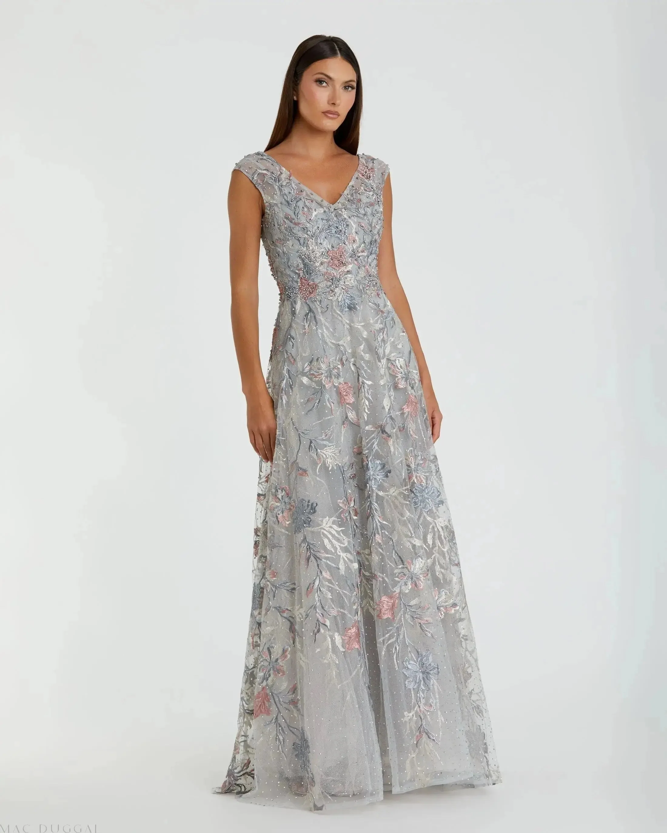Gray Embroidered Illusion Cap Sleeve A Line Gown