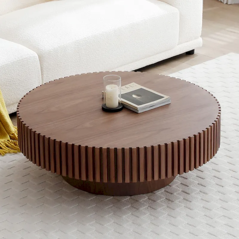 Modern Contemporary Black Walnut Round Coffee Table Coffee Table with Sturdy Pedestal No Assembled