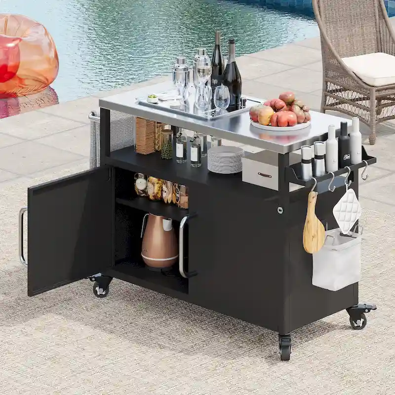 Black Outdoor Kitchen Cart, Stainless Steel Top, 1-Person, 54.5
