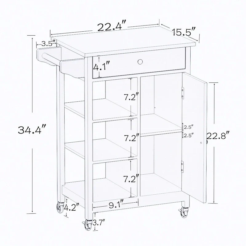 Kitchen Island Rolling Trolley Cart with Adjustable Shelves and Towel Rack - 25.98L * 15.55W * 34.06H