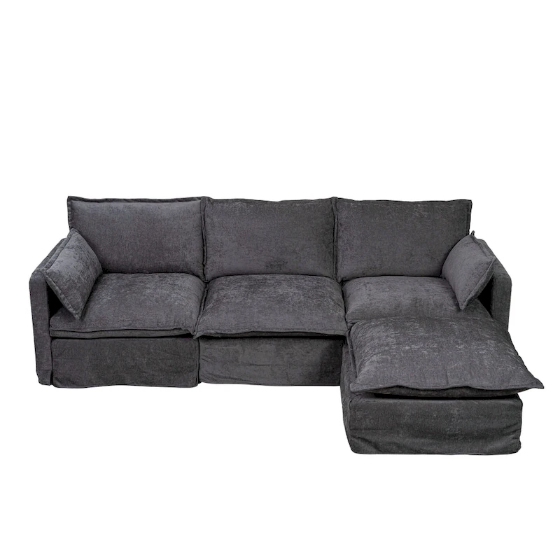 93.31 Faux Linen Modular Sectional Sofa with Ottoman, Wood Frame