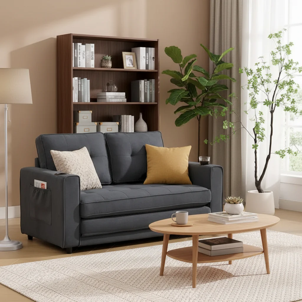 Upholstered Futon Sofa with Pull-Out Sleeper Couch, Muticolour Choice Foldable Tufted Loveseat With Cup Holder