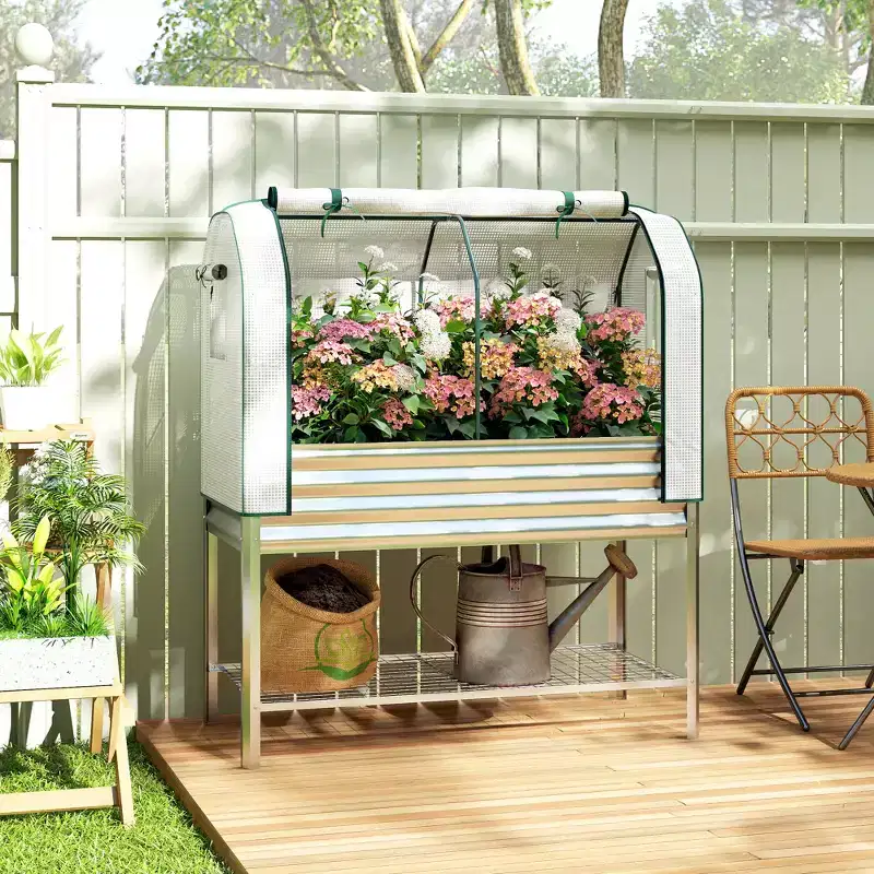 Outsunny Galvanised Raised Garden Bed with Greenhouse Cover, Metal Elevated Garden Bed with Bed Liner and Bottom Shelf