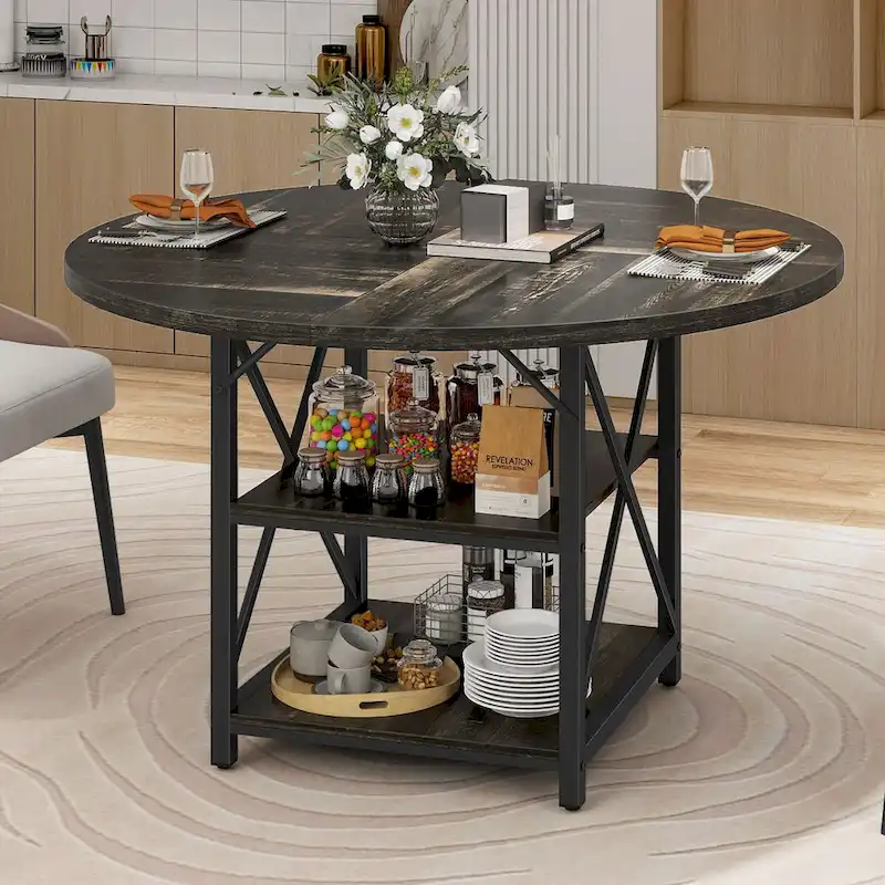 Moasis Round Dining Table with Storage Shelves Metal Legs for 4-6 People for Dining Living Room