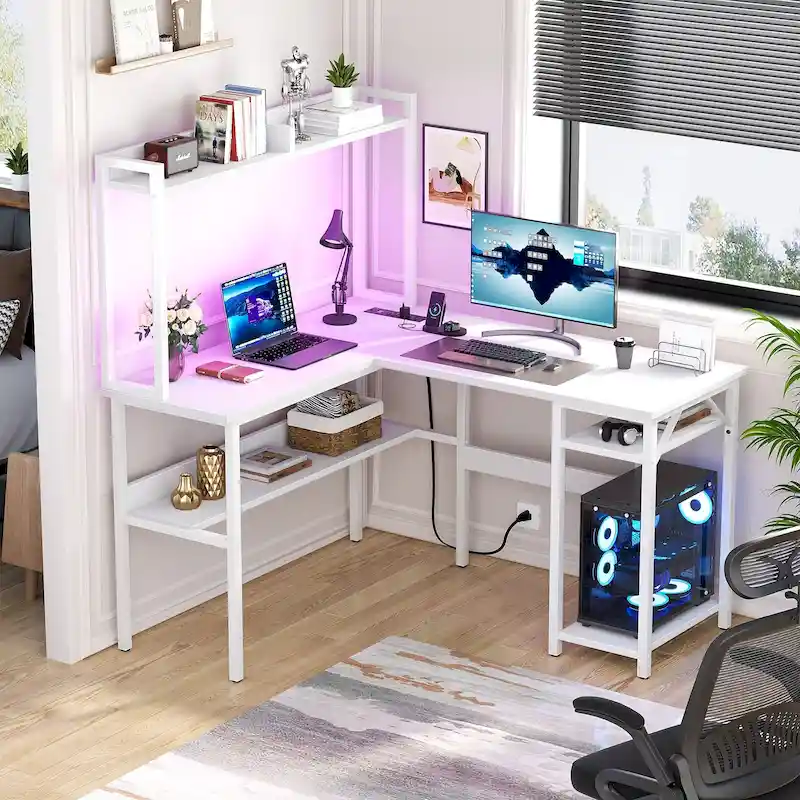 L Shaped Computer Desk with Hutch and Storage Shelves, Corner Gaming Table with LED Lights
