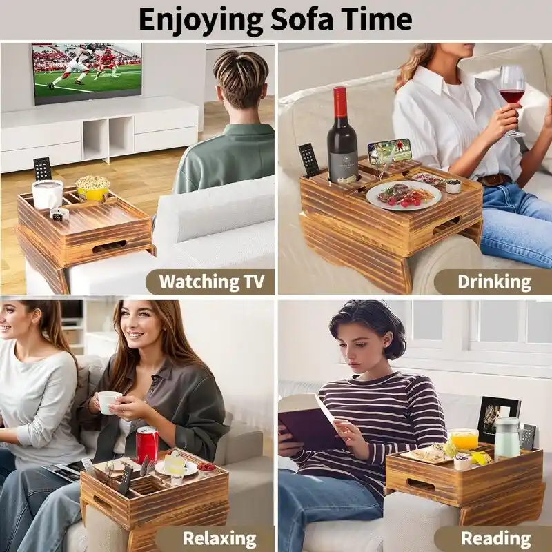 Brown Wooden Sofa Armrest Tray with Cup Holders - Multi-Person Use