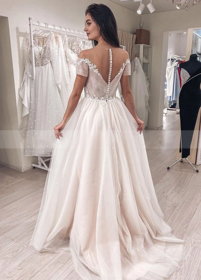 Short Sleeves Illusion Neckline A-line Lace Appliques Covered-Button Wedding Dresses